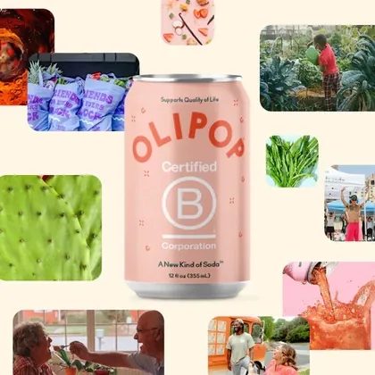 Canette Olipop Certified B Corporation entourée d'images nature agriculture – emballage éco-responsable recyclable